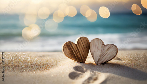 Two wooden hearts nestled on sandy beach with blurred backdrop, offering space for captions, under warm backlight photo