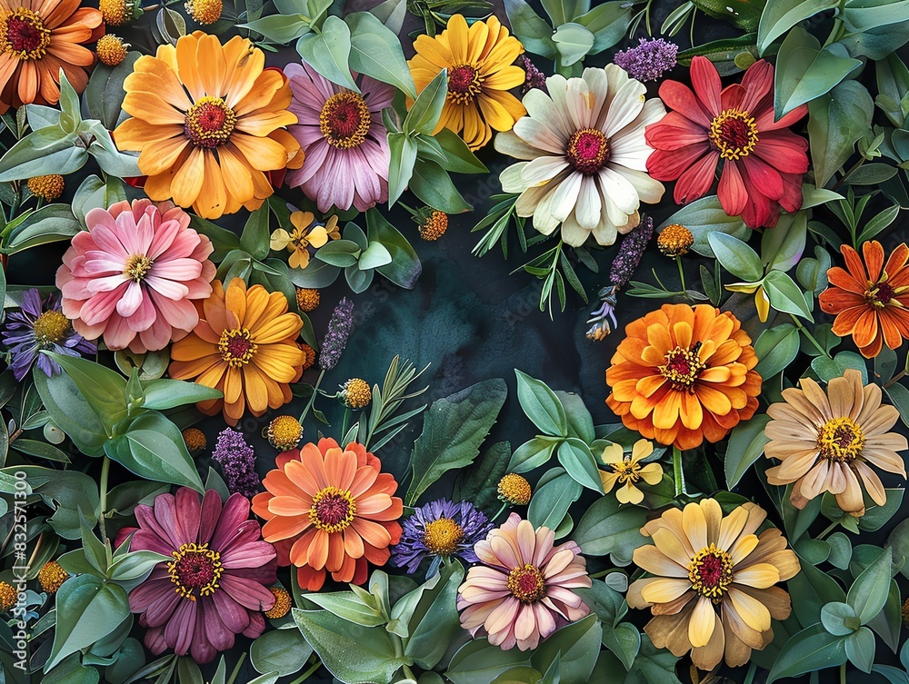 Colorful Zinnia flowers arranged in a heart shape with green leaves and a bee. Colorful Zinnia flowers arranged in a heart shape with green leaves and a bee.
