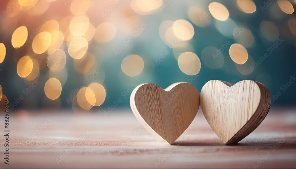 Two wooden hearts, symbolizing love and connection, rest on a soft pastel background Two wooden hearts, symbolizing love and connection, rest on a soft pastel background