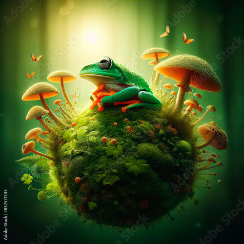 Creative natural background with a green frog,Costa Rican frog,amphibian frog