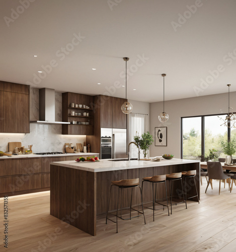 a high-quality 3D render of a modern kitchen interior, highlighting sleekness and functionality. Incorporate state-of-the-art appliances, minimalist cabinetry, and a spacious island with bar seating. 