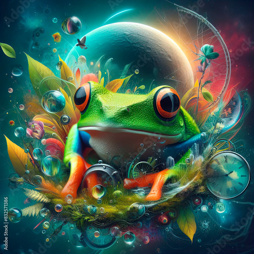 Creative natural background with a green frog,Costa Rican frog,amphibian frog
