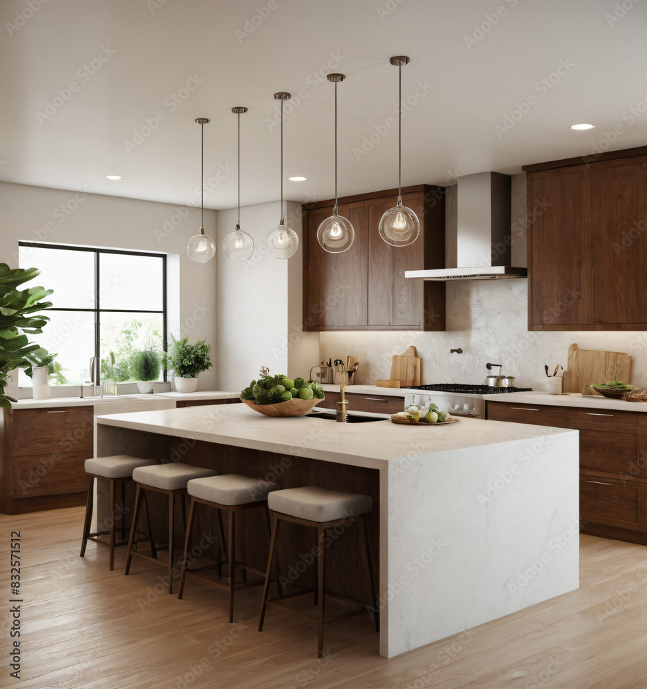 a high-quality 3D render of a modern kitchen interior, highlighting sleekness and functionality. Incorporate state-of-the-art appliances, minimalist cabinetry, and a spacious island with bar seating. a high-quality 3D render of a modern kitchen interior, highlighting sleekness and functionality. Incorporate state-of-the-art appliances, minimalist cabinetry, and a spacious island with bar seating.