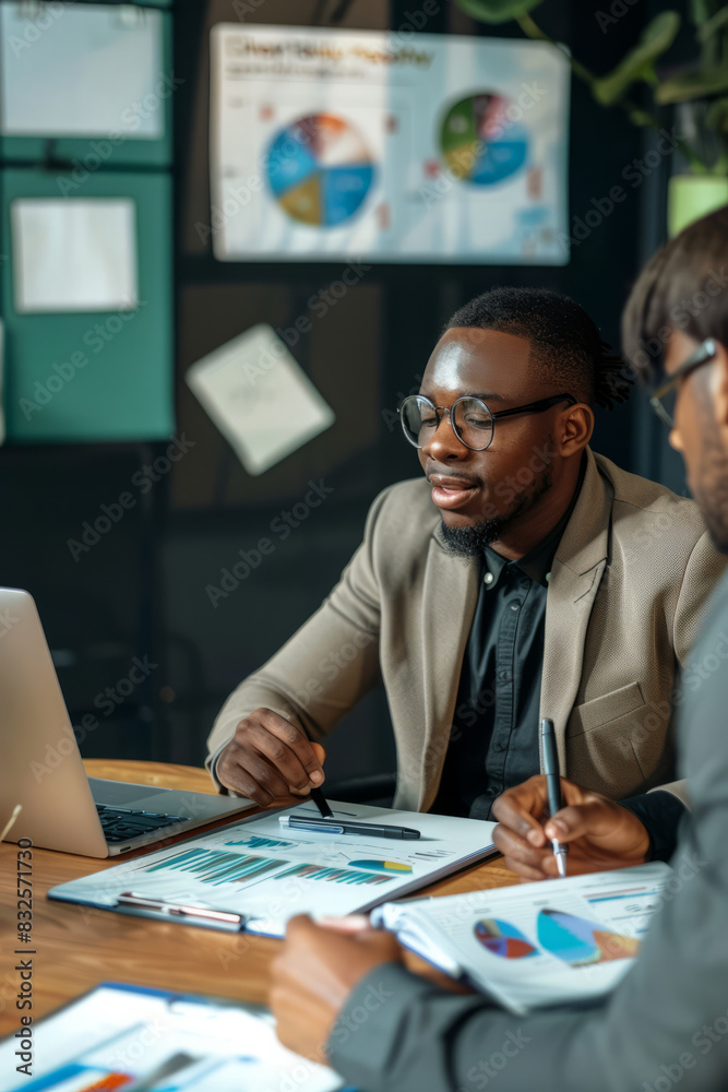 a Black business analyst discussing financial data with a colleague in a sleek office a Black business analyst discussing financial data with a colleague in a sleek office