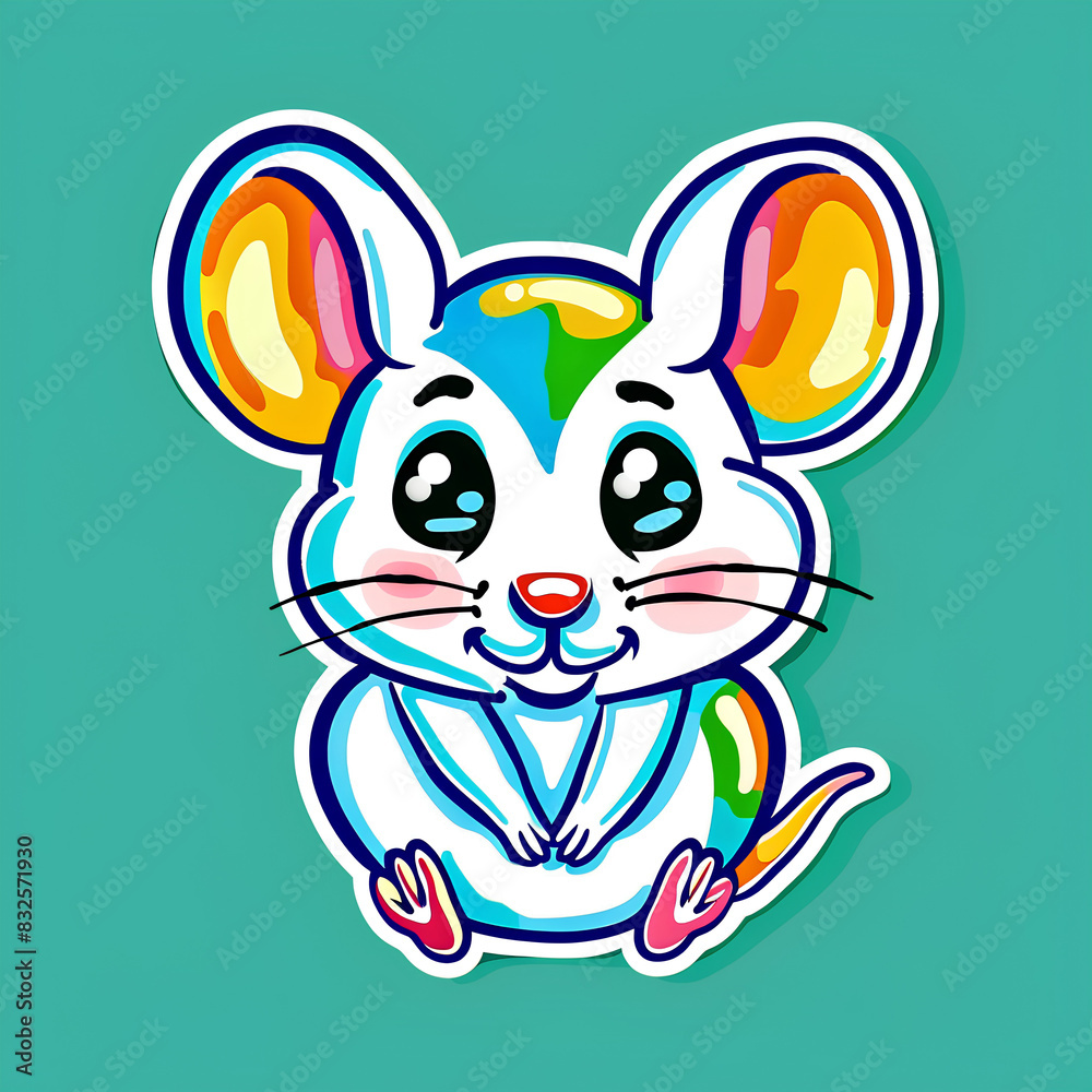 Fototapeta premium Adorable Cartoon Mouse with Multicolored Ears on Turquoise Background