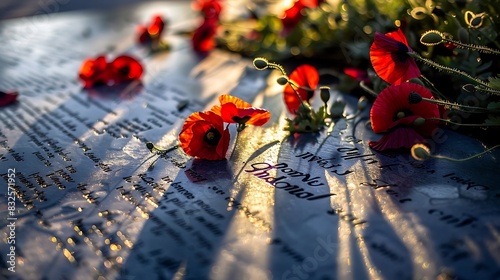 Red flowers on the marble with sunlight.