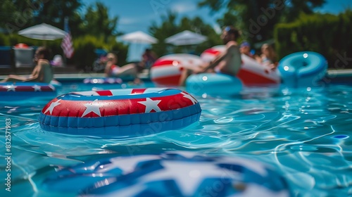 Red, white and blue floats in a swimming pool on the Fourth of July.