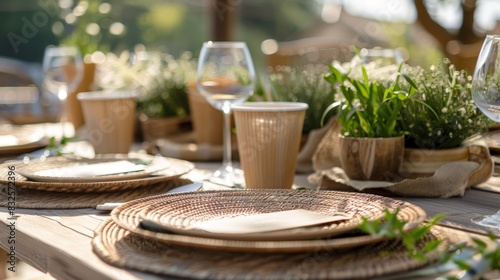 A rustic yet stylish table setting with compostable plates cups and lery perfect for an outdoor wedding.