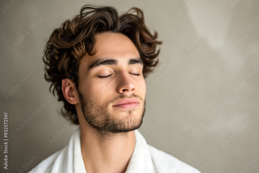 Portrait of a young man in a spa salon, eyes closed, relaxed expression, wearing a white robe Portrait of a young man in a spa salon, eyes closed, relaxed expression, wearing a white robe