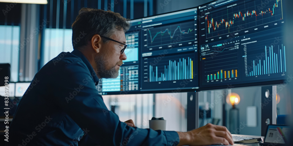 Fototapeta premium a business analyst reviewing financial charts and graphs on a large monitor