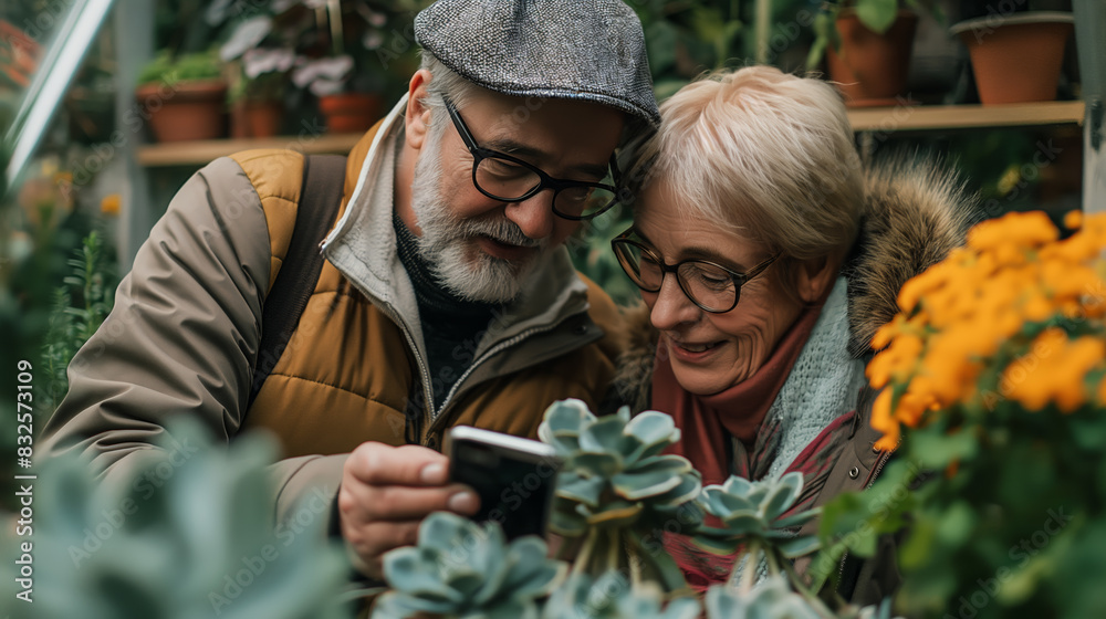 Selfie, enjoyment and a mature couple delighted in a garden setting, tending to plants, gardening activities, and documenting their joyful experiences together 