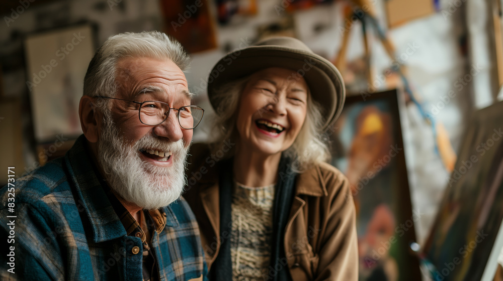 Selfie, recreation and a senior couple jubilant in an art studio setting, painting pictures, appreciating art, and capturing their delighted artistic sessions together Selfie, recreation and a senior couple jubilant in an art studio setting, painting pictures, appreciating art, and capturing their delighted artistic sessions together