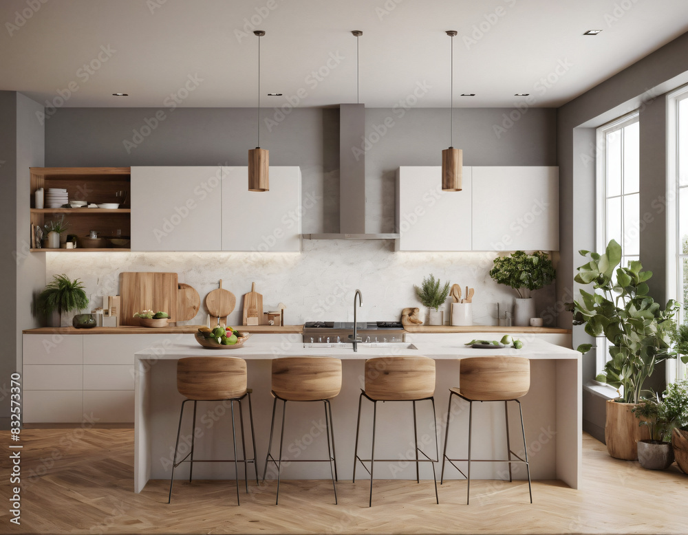 a high-quality 3D render of a modern kitchen interior, highlighting sleekness and functionality. Incorporate state-of-the-art appliances, minimalist cabinetry, and a spacious island with bar seating. a high-quality 3D render of a modern kitchen interior, highlighting sleekness and functionality. Incorporate state-of-the-art appliances, minimalist cabinetry, and a spacious island with bar seating.