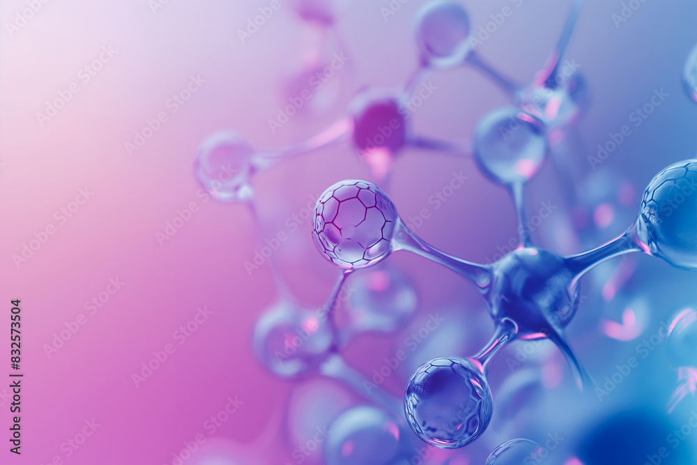 Simplified molecule chains, blue and purple hues, gradient background, minimalist style 