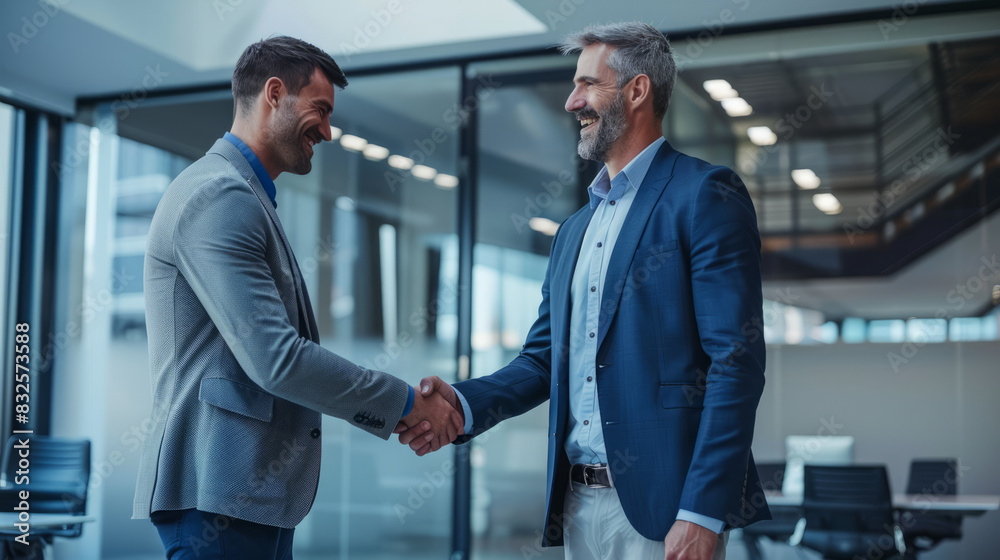 © wolfhound911 - a Caucasian entrepreneur shaking hands with a new partner in a modern conference room © wolfhound911 - a Caucasian entrepreneur shaking hands with a new partner in a modern conference room