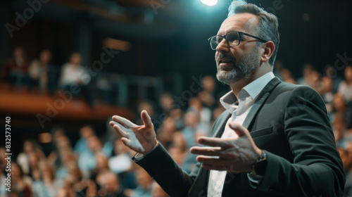 a confident CEO making a keynote speech at a corporate event with an engaged audience