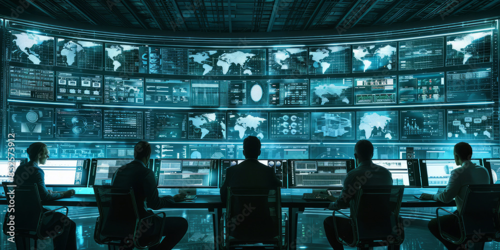 a group of businesspeople analyzing data on multiple screens in a high-tech control room a group of businesspeople analyzing data on multiple screens in a high-tech control room