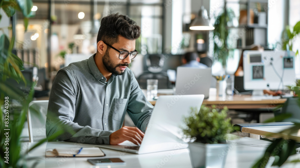 a Hispanic entrepreneur working on a startup project in a bright, open-plan office a Hispanic entrepreneur working on a startup project in a bright, open-plan office