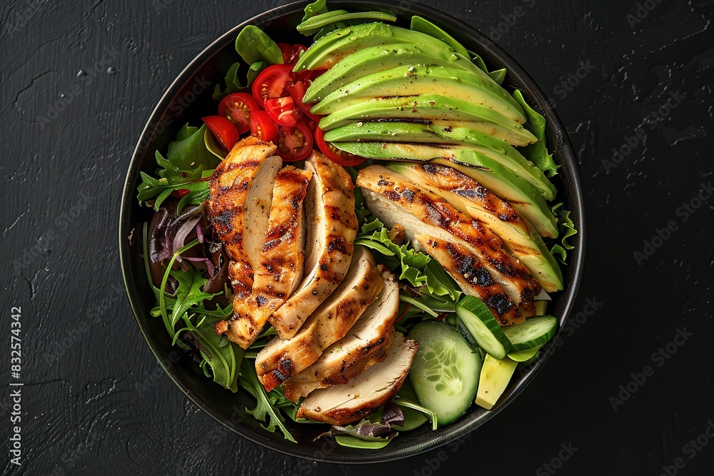 loading screen of bowl with salad, avocado and chicken against black background loading screen of bowl with salad, avocado and chicken against black background