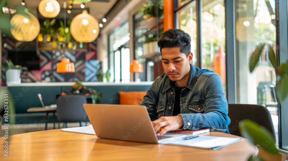 a Hispanic entrepreneur working on a business plan in a trendy coworking space a Hispanic entrepreneur working on a business plan in a trendy coworking space