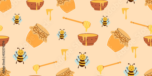 Honey in a glass jar, cartoon bee, honeycomb, flowers and flowing honey on a wooden ladle isolated on a yellow background. Seamless pattern. Vector flat illustration.