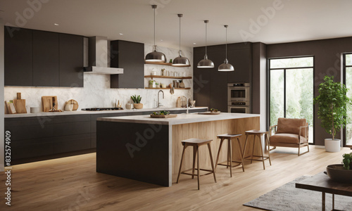 a high-quality 3D render of a modern kitchen interior, highlighting sleekness and functionality. Incorporate state-of-the-art appliances, minimalist cabinetry, and a spacious island with bar seating. 