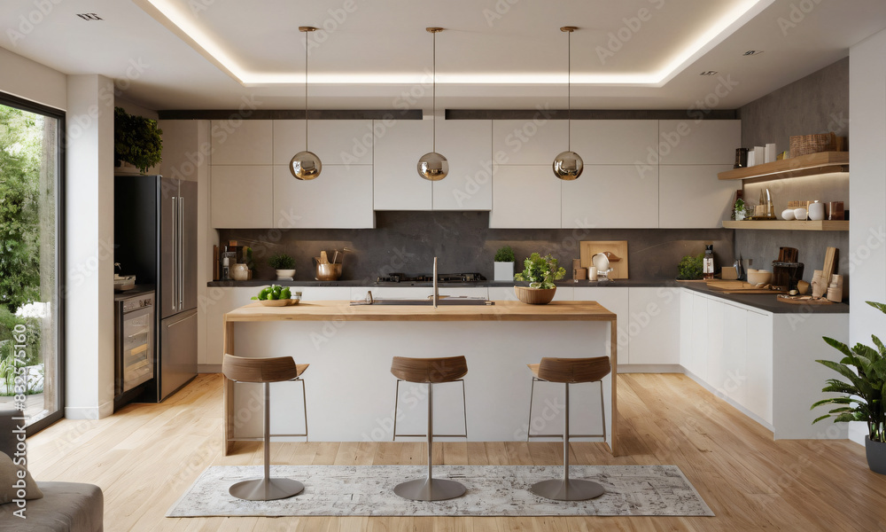 a high-quality 3D render of a modern kitchen interior, highlighting sleekness and functionality. Incorporate state-of-the-art appliances, minimalist cabinetry, and a spacious island with bar seating. 