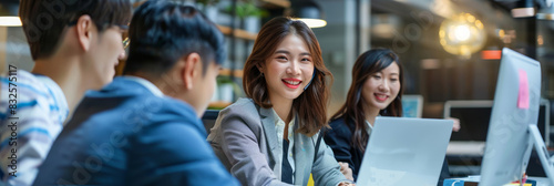 a Korean business team having a video conference call in a contemporary office setting