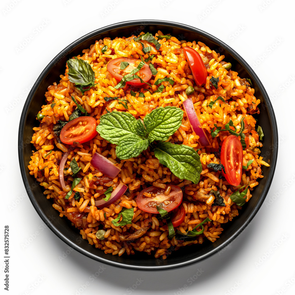 Wide angle shot of Nigerian Jollof rice with tomatoes and spices isolated on white background Wide angle shot of Nigerian Jollof rice with tomatoes and spices isolated on white background