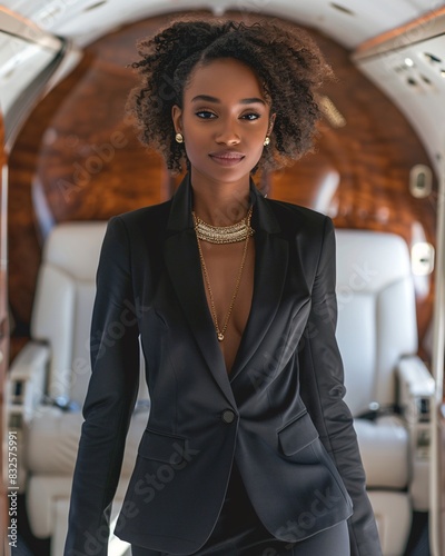 Portrait of stylish black businesswoman inside luxury jet.