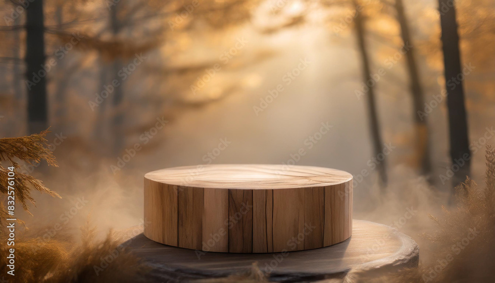 Round wooden podium with delicate pastel golden brown haze, symbolizing elegance, simplicity, and natural beauty. Ideal for showcasing products or awards, exuding a calm, sophisticated ambiance Round wooden podium with delicate pastel golden brown haze, symbolizing elegance, simplicity, and natural beauty. Ideal for showcasing products or awards, exuding a calm, sophisticated ambiance