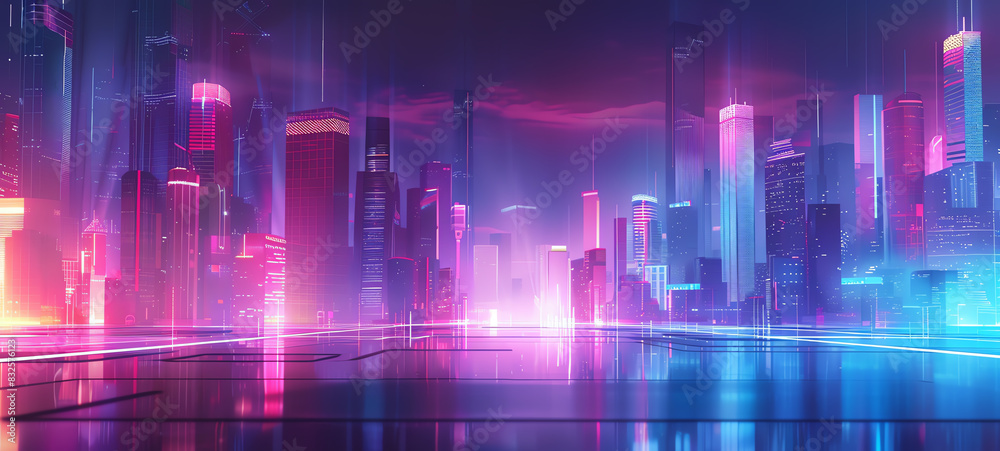 Futuristic cityscape background with skyscrapers, neon lights, urban environment, front view, illustrating modern city life, cybernetic tone, Analogous Color Scheme. Futuristic cityscape background with skyscrapers, neon lights, urban environment, front view, illustrating modern city life, cybernetic tone, Analogous Color Scheme.