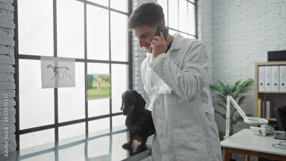 Young man veterinarian in a clinic talking on a phone while holding a dachshund dog on a table in a bright modern interior. Young man veterinarian in a clinic talking on a phone while holding a dachshund dog on a table in a bright modern interior.