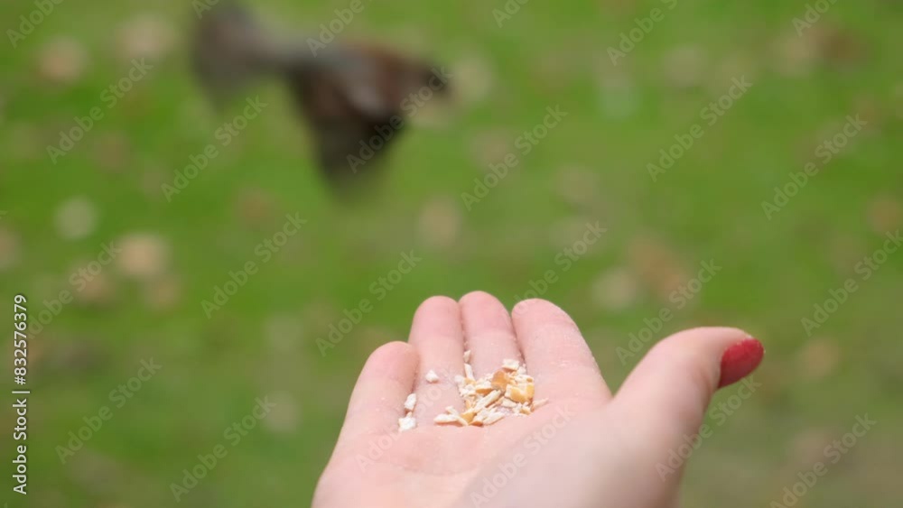 Hand feeding a small Sparrow with seeds in a peaceful and gentle moment on a green background Hand feeding a small Sparrow with seeds in a peaceful and gentle moment on a green background