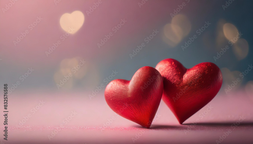 Two red hearts on a blurred pastel pink background with space for text, symbolizing love, romance, and connection. The soft focus enhances the feeling of warmth and affection