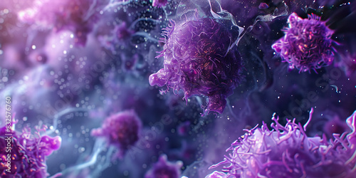 Amethyst Antibiotic Resistance Mechanisms: Microscopic visualization of amethyst-colored bacterial cells evading antibiotic attacks, highlighting resistance mechanisms photo