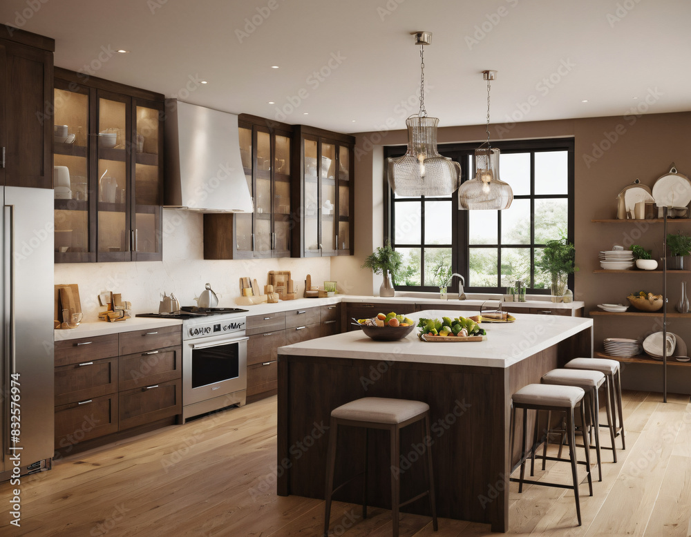 a high-quality 3D render of a modern kitchen interior, highlighting sleekness and functionality. Incorporate state-of-the-art appliances, minimalist cabinetry, and a spacious island with bar seating. a high-quality 3D render of a modern kitchen interior, highlighting sleekness and functionality. Incorporate state-of-the-art appliances, minimalist cabinetry, and a spacious island with bar seating.