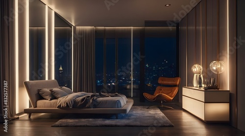 modern and minimal bedroom interior design  contemporary interior design  3D render  cinematic lighting