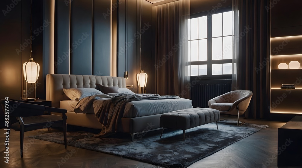 Fototapeta premium modern and minimal bedroom interior design, contemporary interior design, 3D render, cinematic lighting