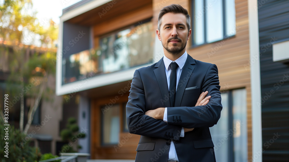 A man (businessman, real estate agent, in a suit) stands against the background of a building, city, architecture A man (businessman, real estate agent, in a suit) stands against the background of a building, city, architecture