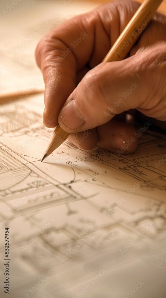 Close-up image of a hand with pencil drawing detailed architectural blueprints on paper Close-up image of a hand with pencil drawing detailed architectural blueprints on paper