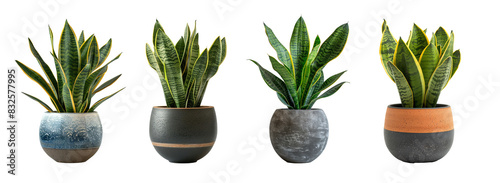 Snake plants in different textured pots on a white background or PNG photo