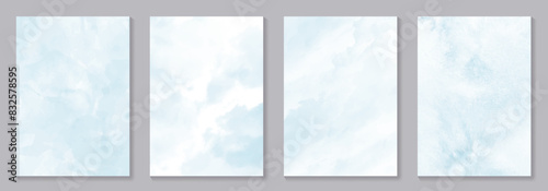 Set of blue vector watercolor texture with sky and clouds. Christmas template for design. Hand drawn blue abstract grunge vector illustration for background, cover design, interior decor and poster.