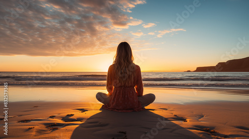  woman meditating on the beach at sunset