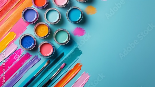 Colorful paint cans and brushes on a colored background with copy space for text, in a top view. Painting concept banner design in the style of various colors like blue, pink, orange and purpl.