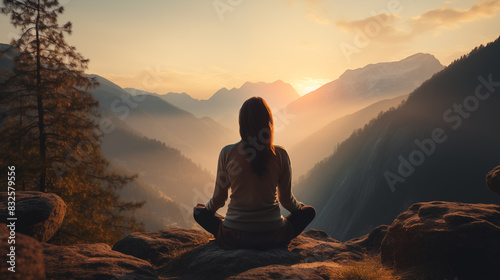 woman meditating on the mountains on the sunrise