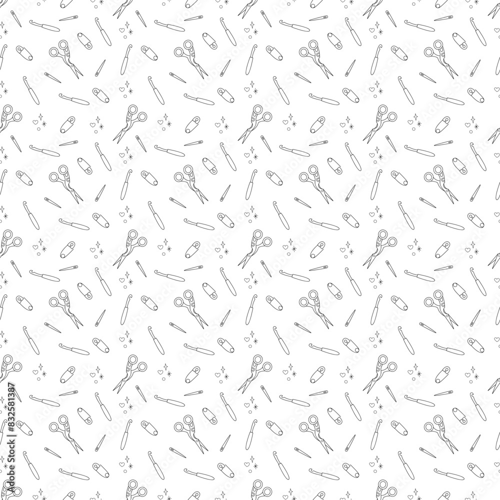 Seamless pattern with crochet hook and knitting tools. Doodle outline illustration.