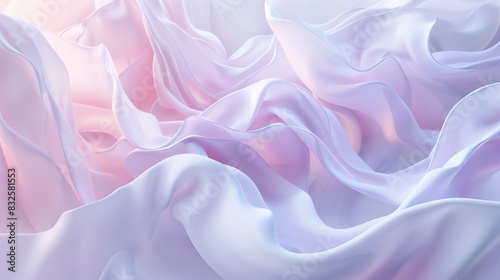 An abstract fluid shapes, flowing fabric-like textures in soft pink and white tones.