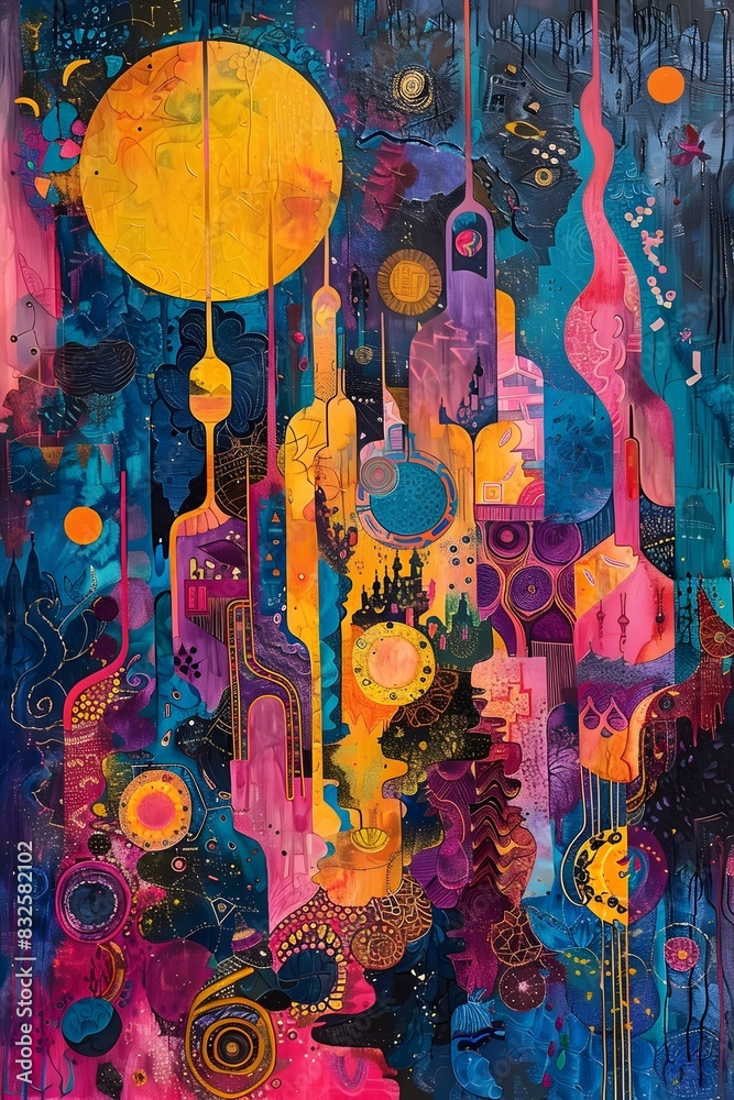 Fototapeta premium Vibrant Abstract Painting Capturing the Diverse Traditions of Ramadan and Eid