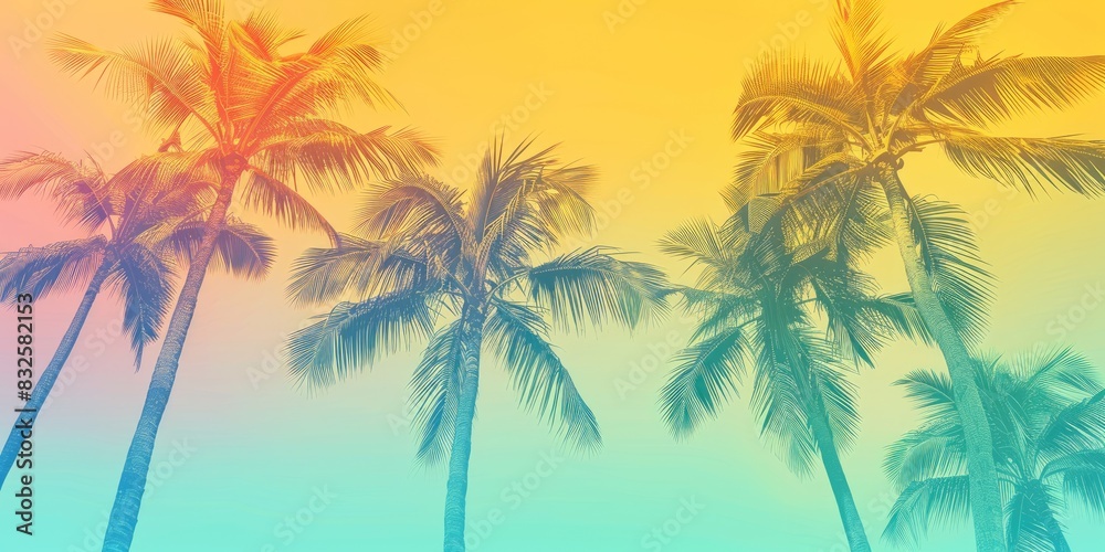 a image of a group of palm trees against a colorful sky